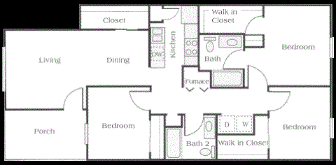 Floor plan for 3 beds, 2 baths, 1214 sqft